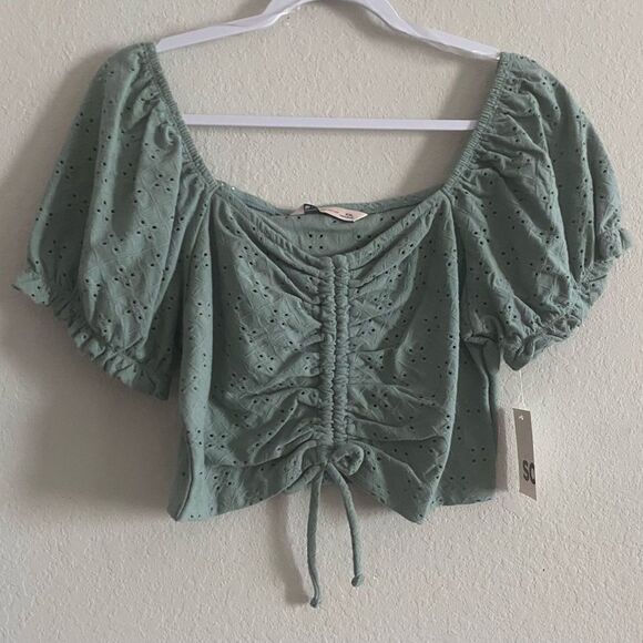 Juniors’ NWT SO Eyelet Cinch Front Puff Sleeve Cropped Top Green Size XXL - Picture 1 of 7